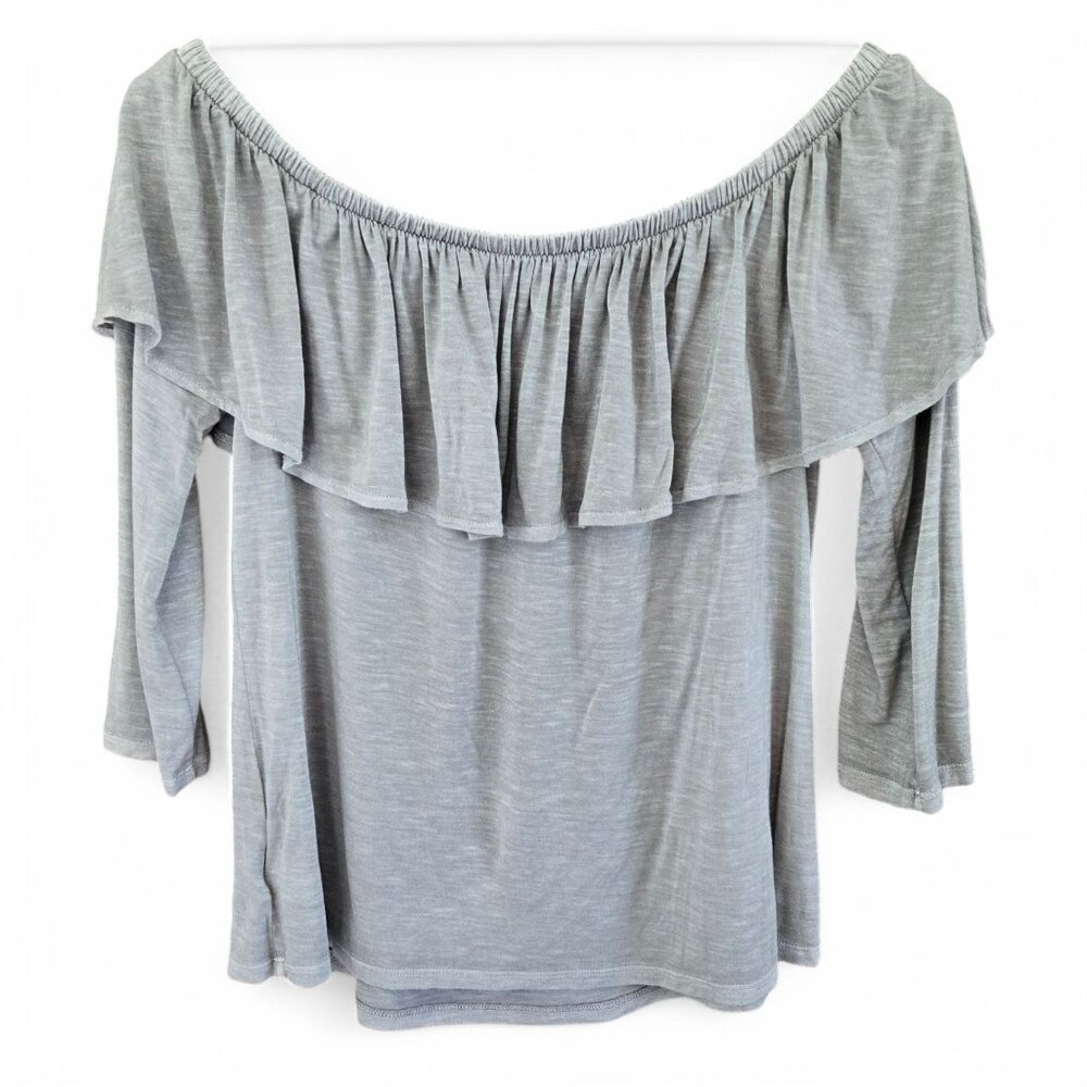 NWT American Eagle Outfitters Ruffle Off-Shoulder 3/4 Sleeve Top Gray Womens M - Picture 2 of 7